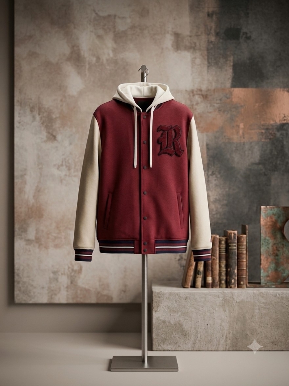 Men's burgandy and Cream Hooded Letterman Jacket